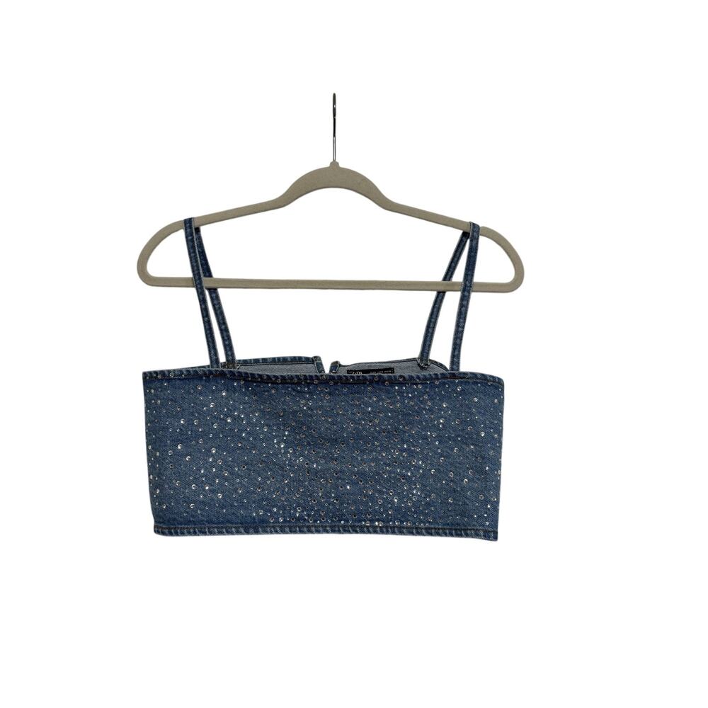 Zara Blue Denim Crystal Studded Crop Top S - Picture 2 of 8